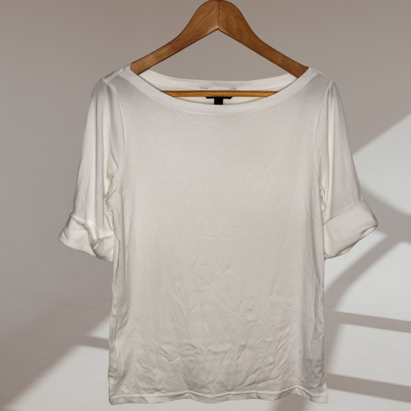 lauren ralph lauren white boat neck cuff sleeve cotton stretch top size large - Picture 1 of 6